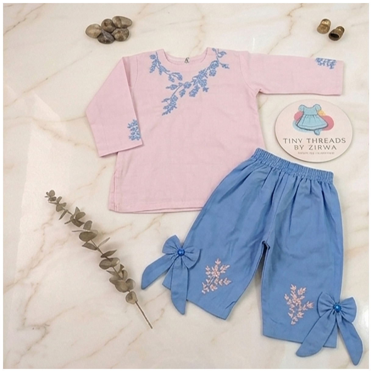 Pastel hand embroidery kurta trouser