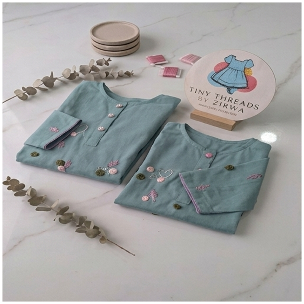 Heart flowers Hand Embroidery 2-Piece - Green