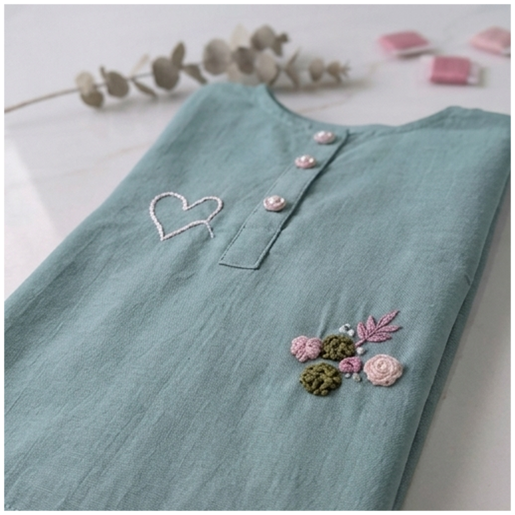 Heart flowers Hand Embroidery 2-Piece - Green