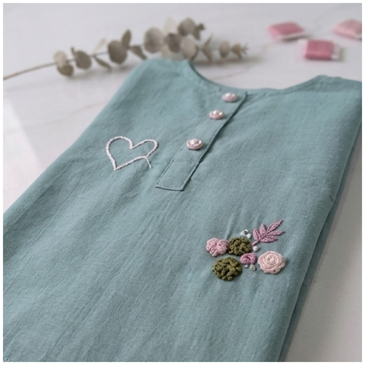 Heart flowers Hand Embroidery 2-Piece - Green