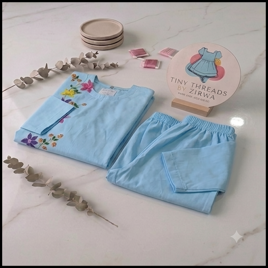 Floral Hand Painted 2-Piece -  Blue