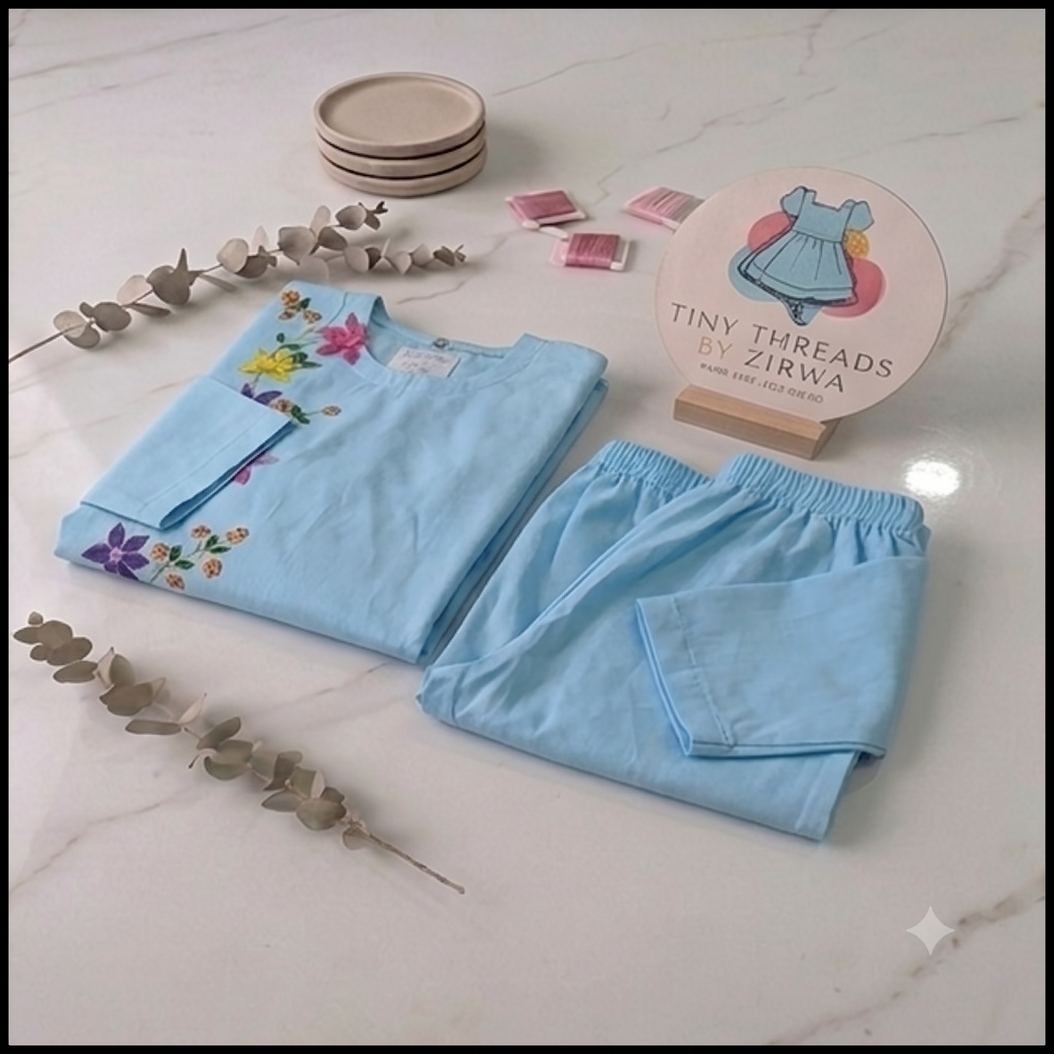 Floral Hand Painted 2-Piece -  Blue