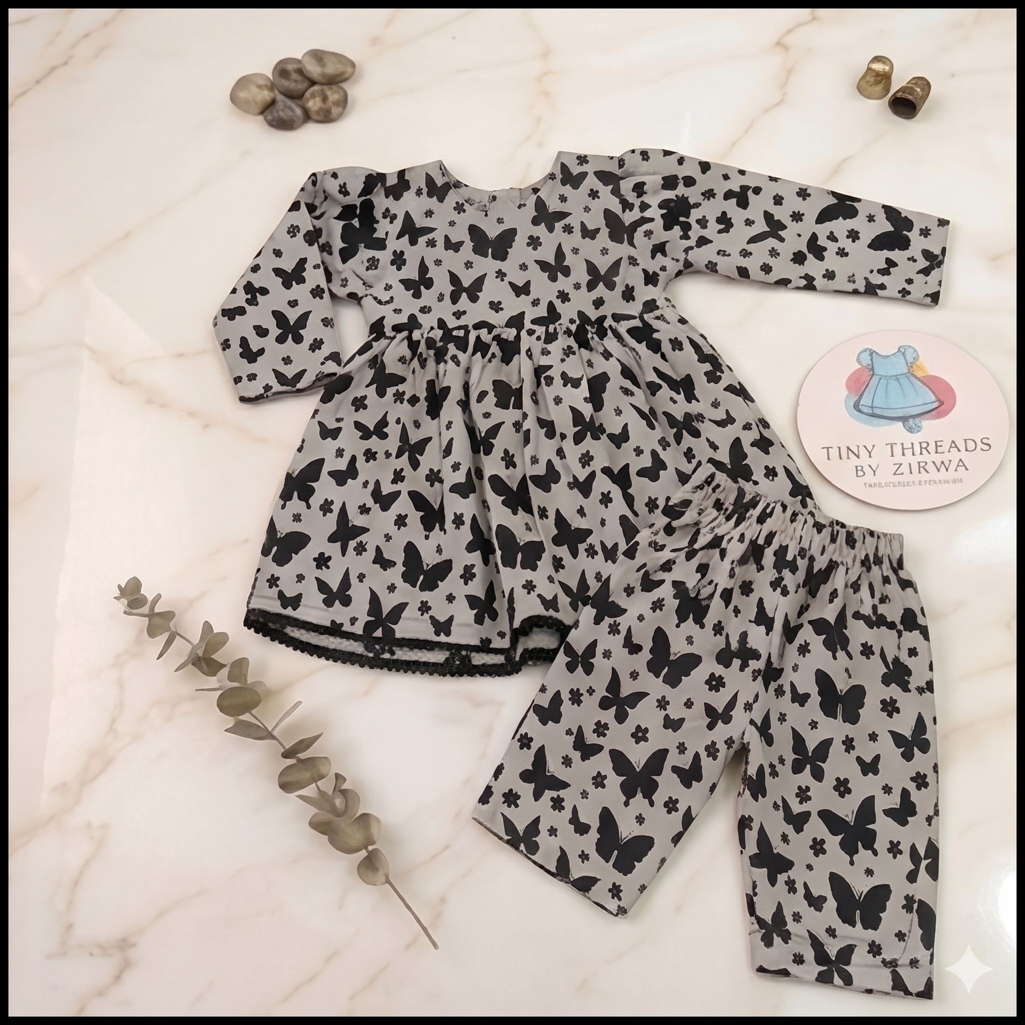 2-Piece lawn butterfly print frock