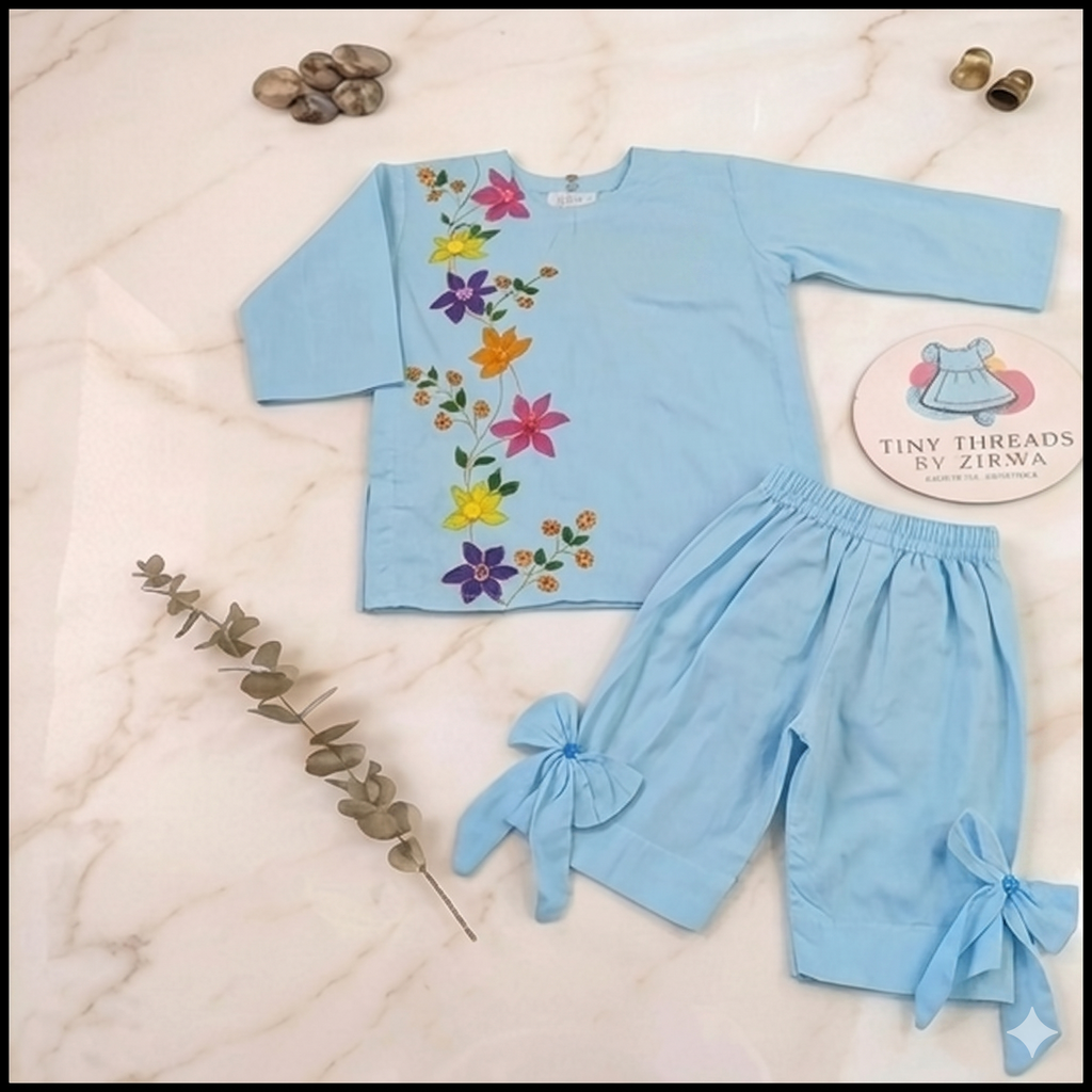 Floral Hand Painted 2-Piece -  Blue