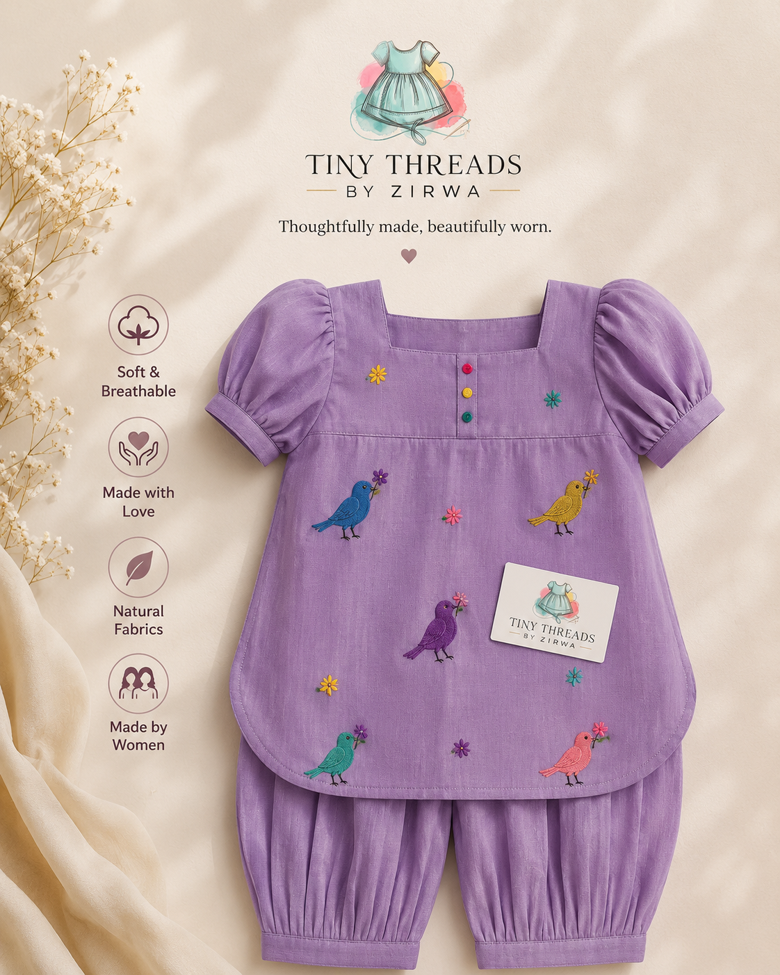 Lavender Blossom Bird Embroidered Dress  – 2 piece
