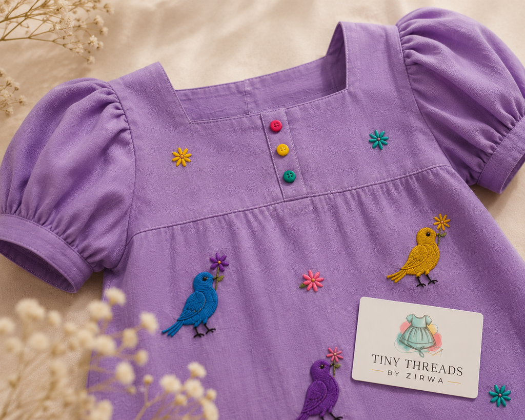 Lavender Blossom Bird Embroidered Dress  – 2 piece