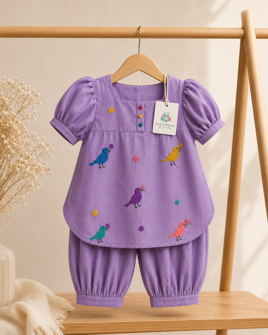 Lavender Blossom Bird Embroidered Dress  – 2 piece