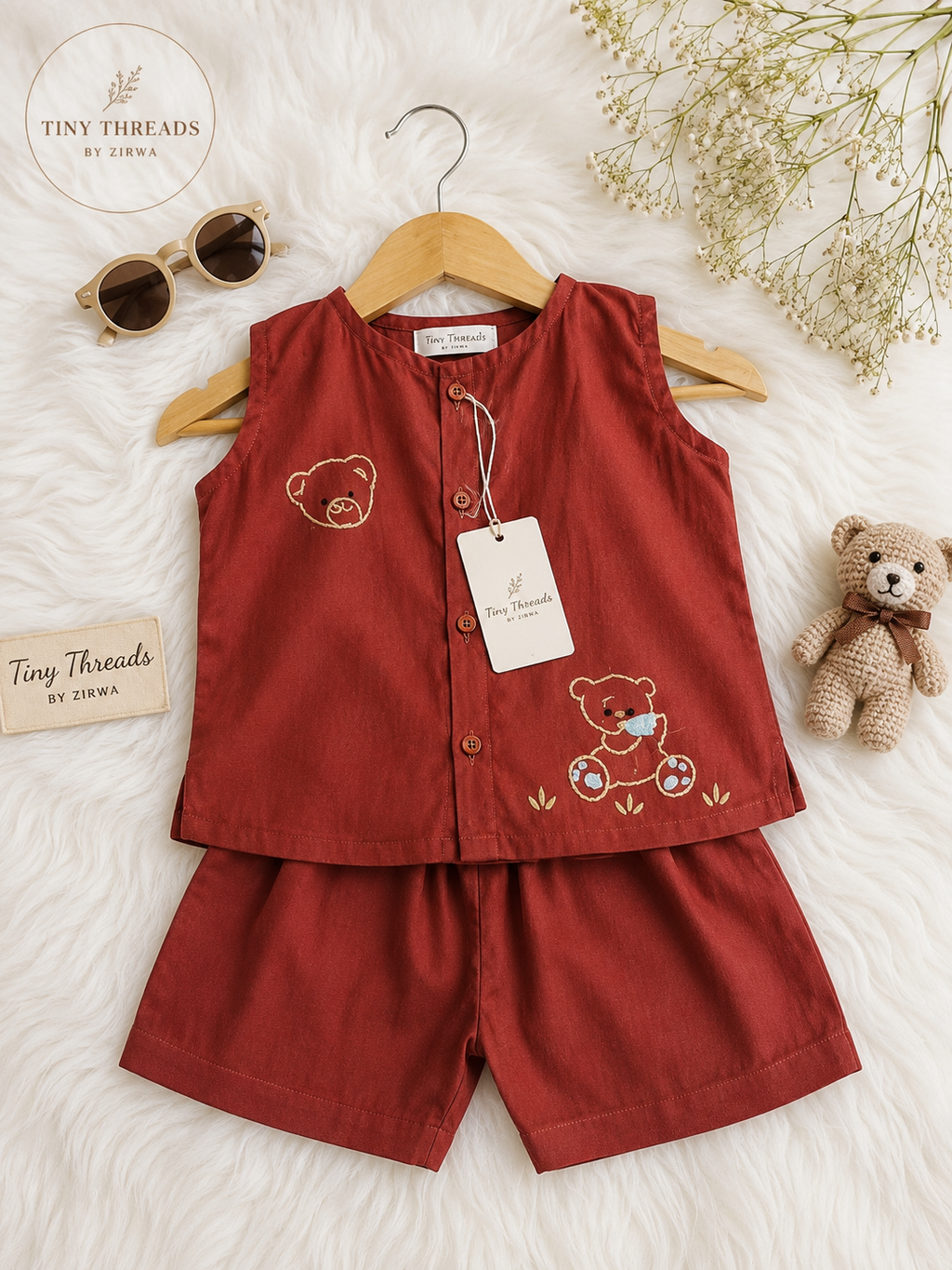 Rust Teddy Embroidered Shirt & Shorts Set