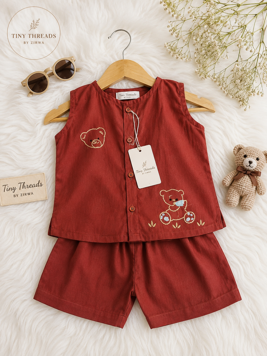 Rust Teddy Embroidered Shirt & Shorts Set