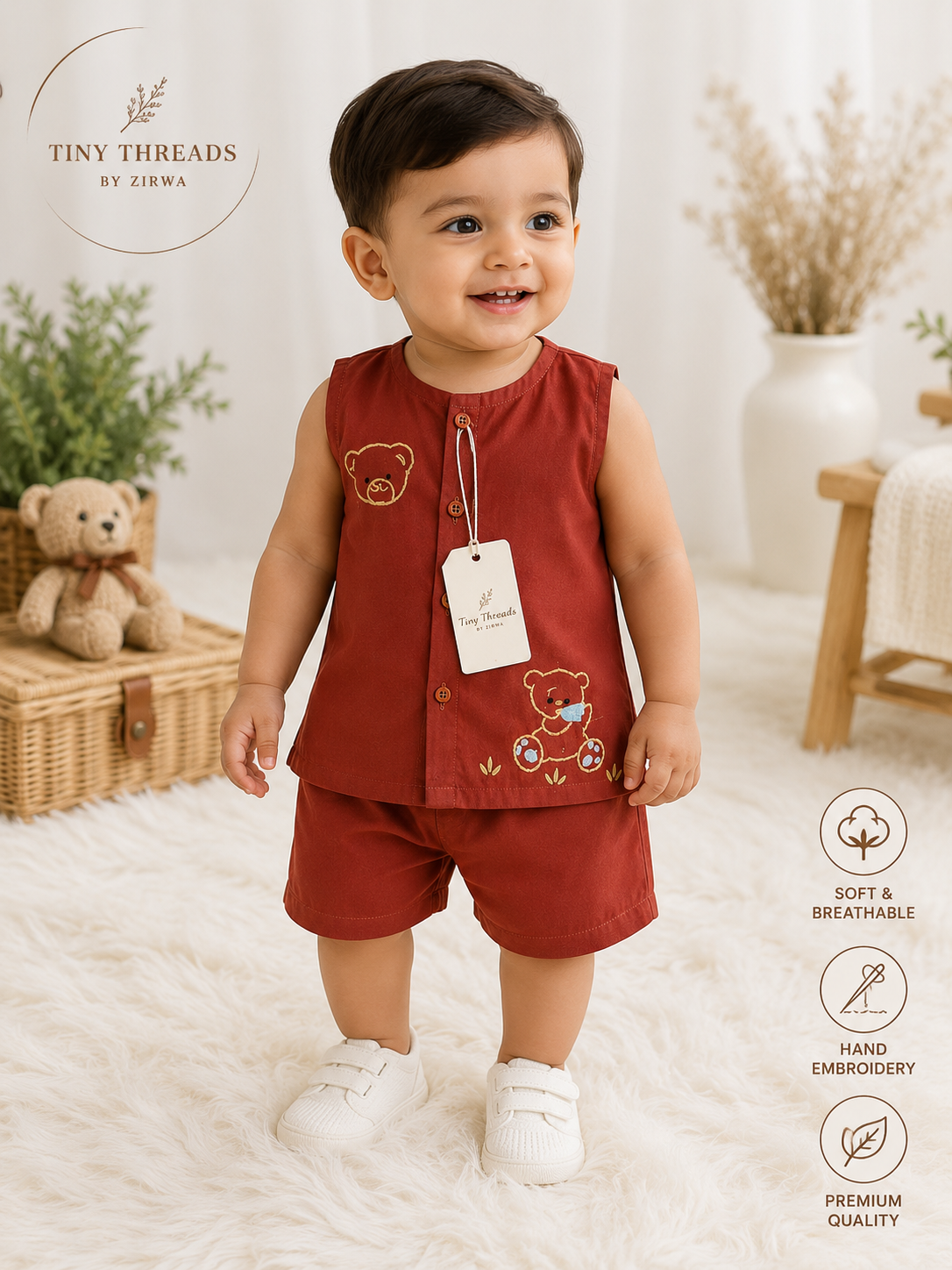 Rust Teddy Embroidered Shirt & Shorts Set