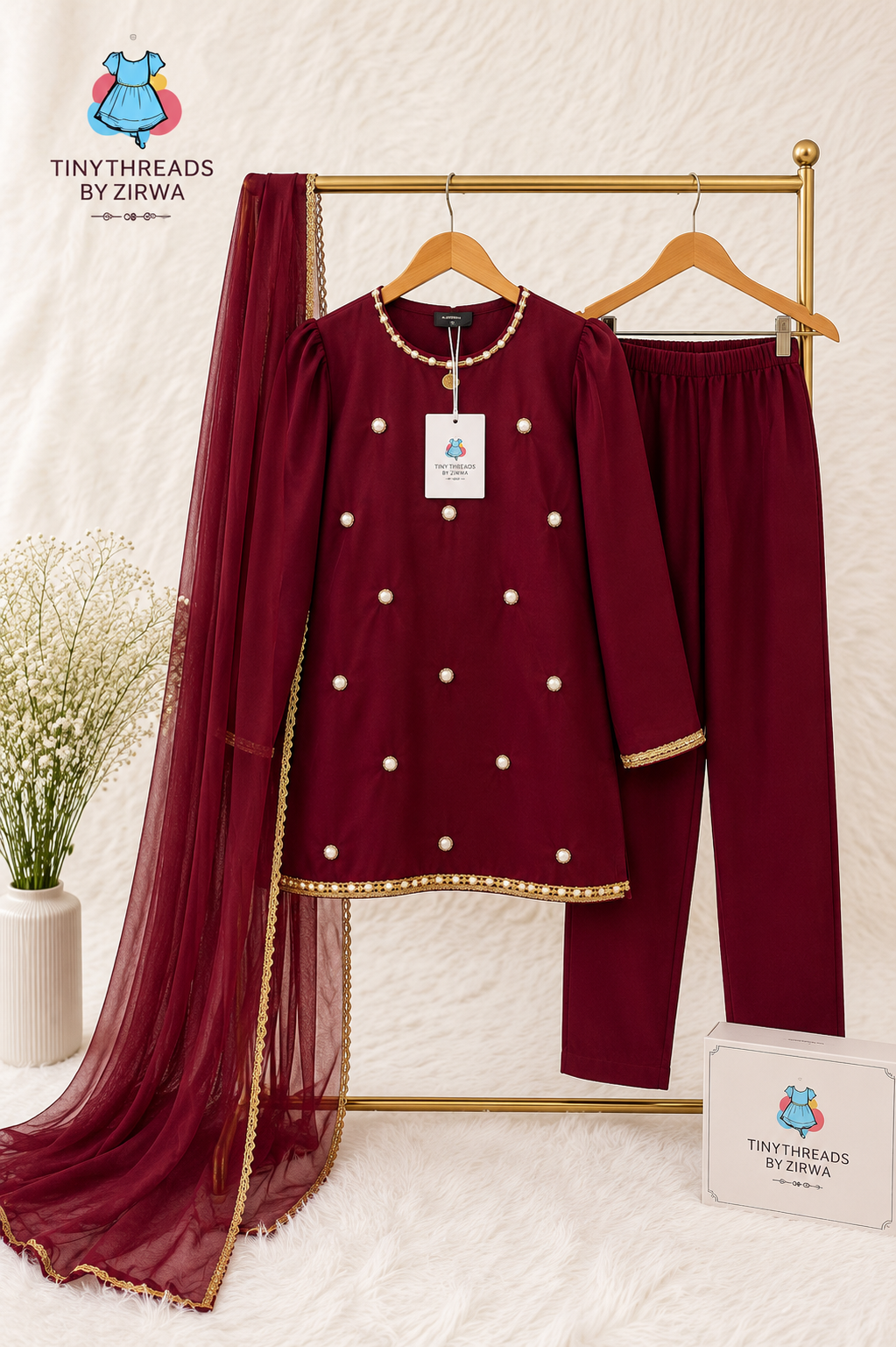 Maroon Kurta & Trouser Mirror work 3pc