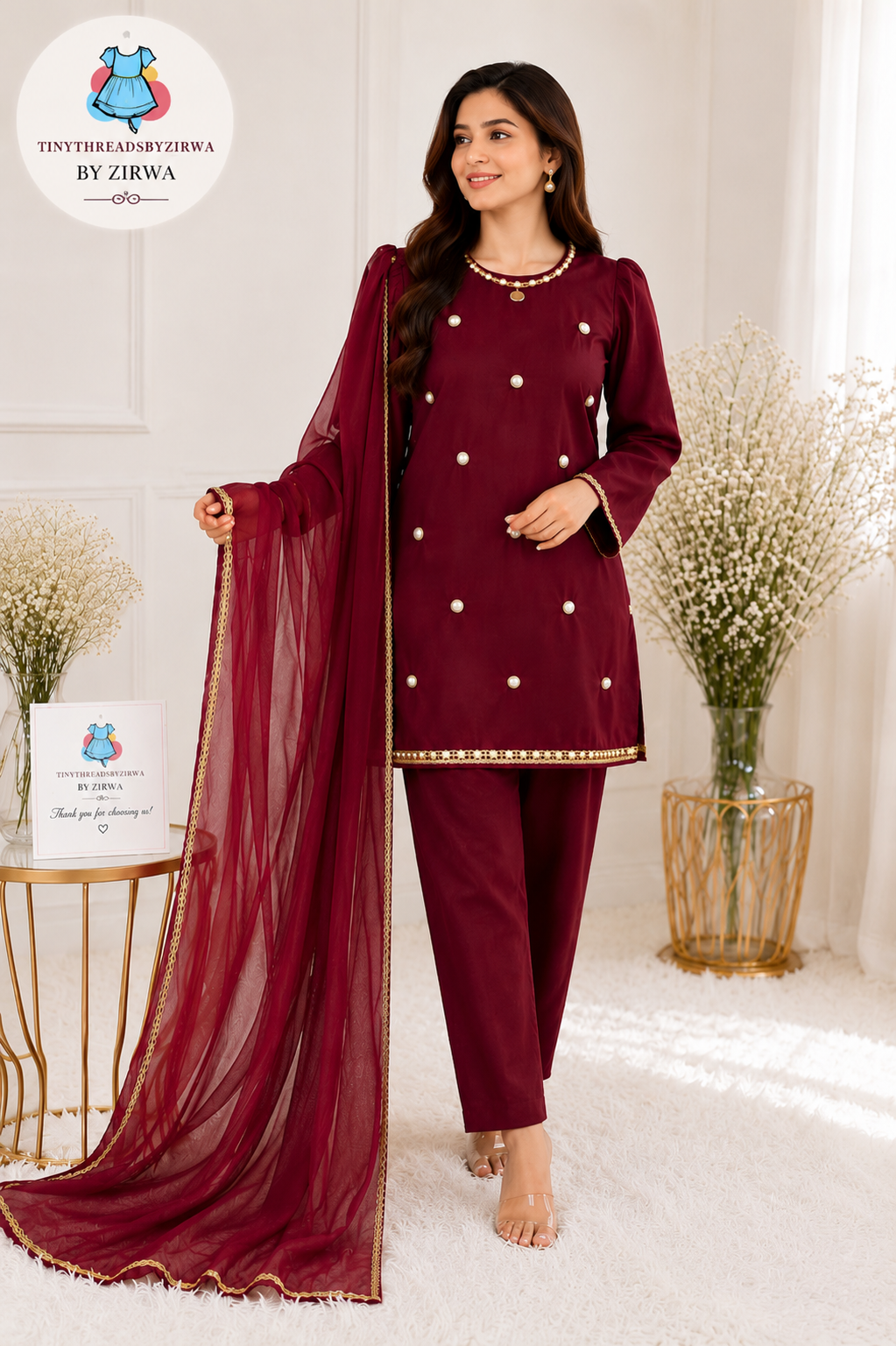 Maroon Kurta & Trouser Mirror work 3pc