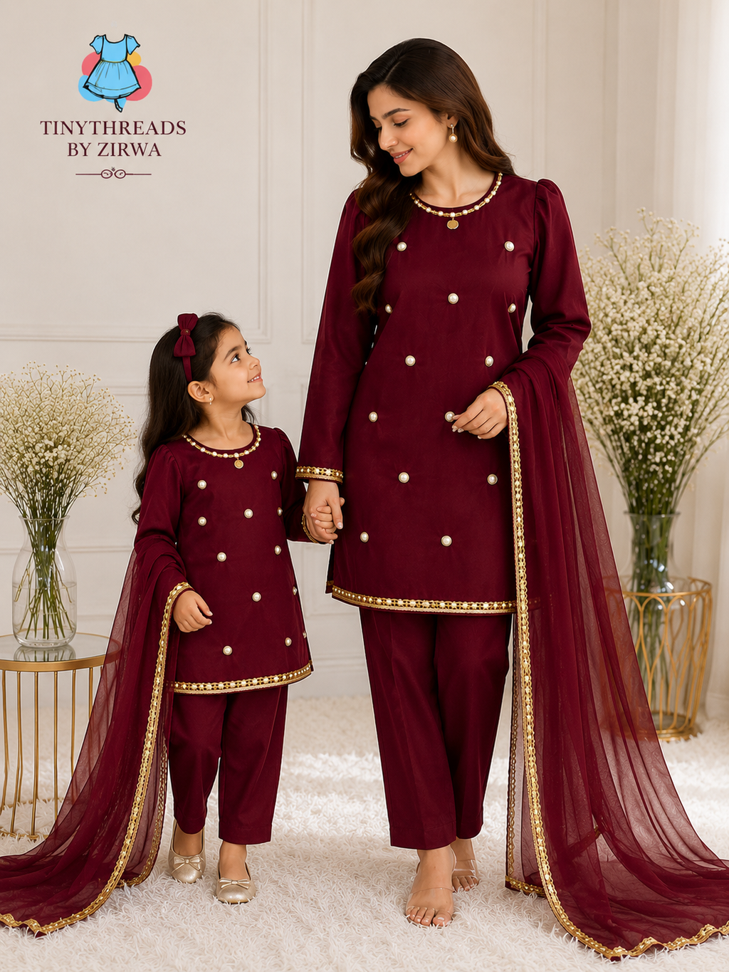 Maroon Kurta & Trouser Mirror work 3pc Mommy & Me